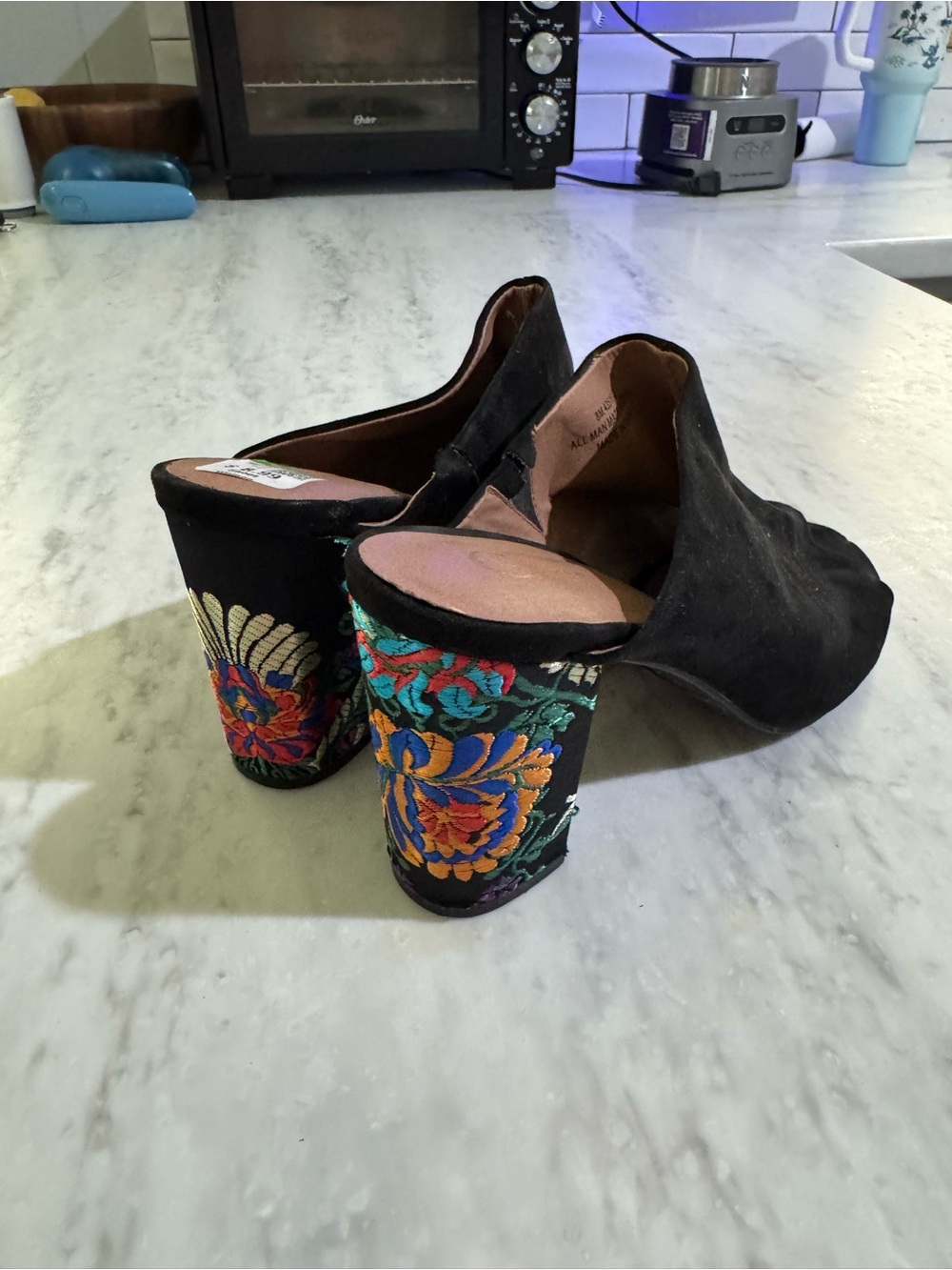 Black Colorful Floral Embroidered Block Heel Peep Toe Mules 8